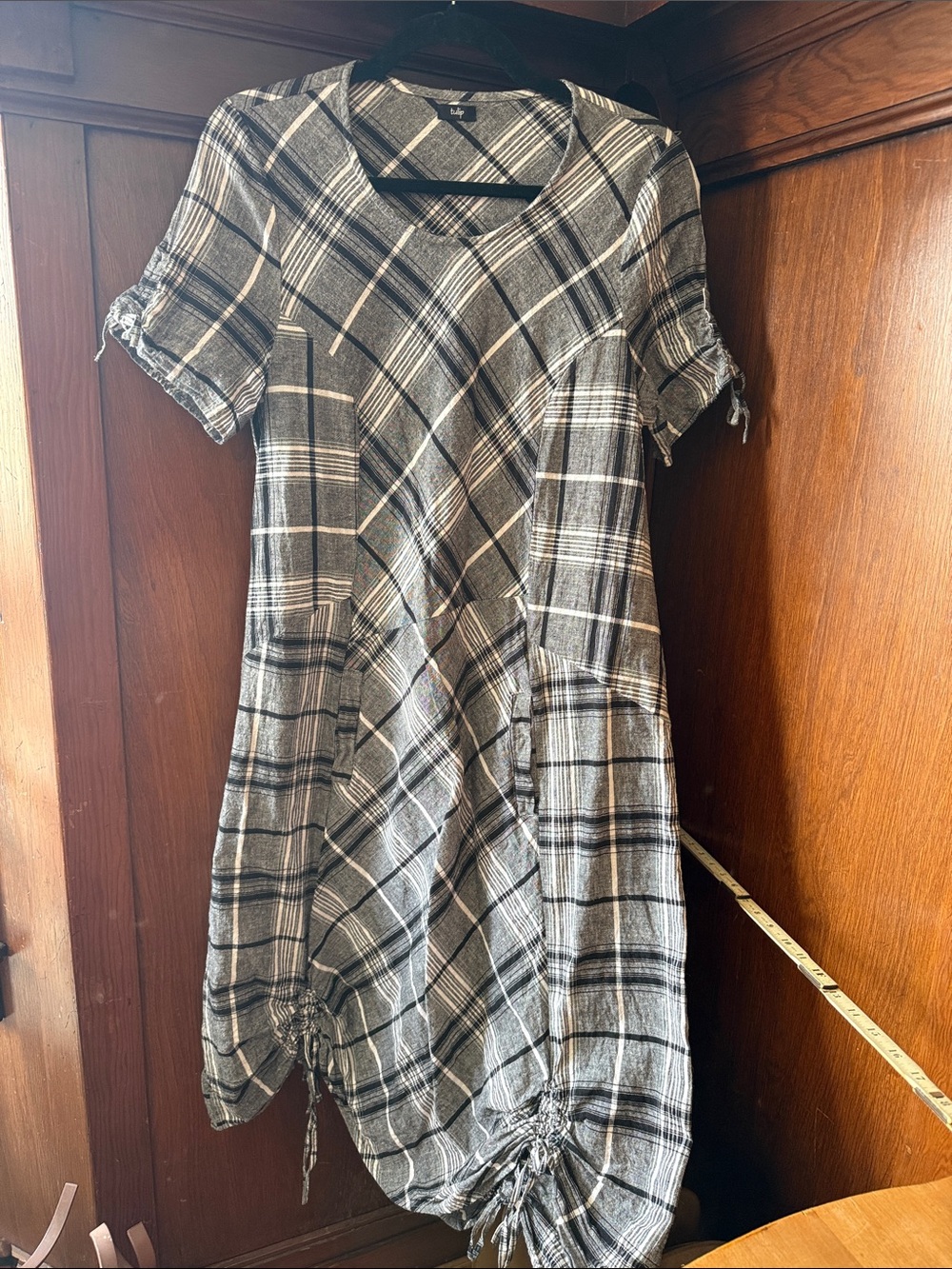 Gray Plaid Midi Dress with Drawstring Hem